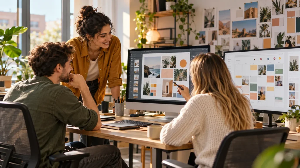 Equipo de agencia de marketing trabajando en contenidos